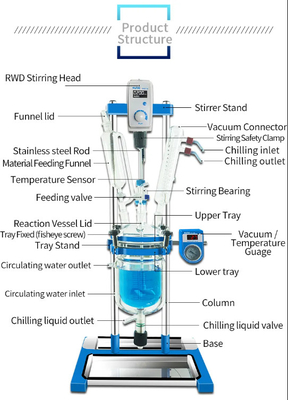 Instrumen medis Vacuum Glass Reactor 1L 2L 5L Mixing Glass Reactor Variable frequency speed control Reaksi kaca